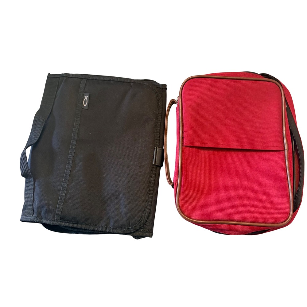 Lot of 2 Bible Covers Organizer Cases Black Ichthys Fish and Red with Handle